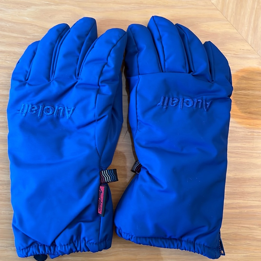 Toddler size 2 to 3 blue ski gloves, fleece lined with side zipper pinky finger